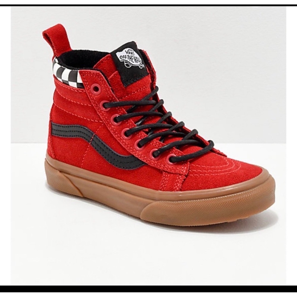 Vans Hi Top Suede Skateboard Sneakers Red Black Gum Bottom Checkerboard 13.5